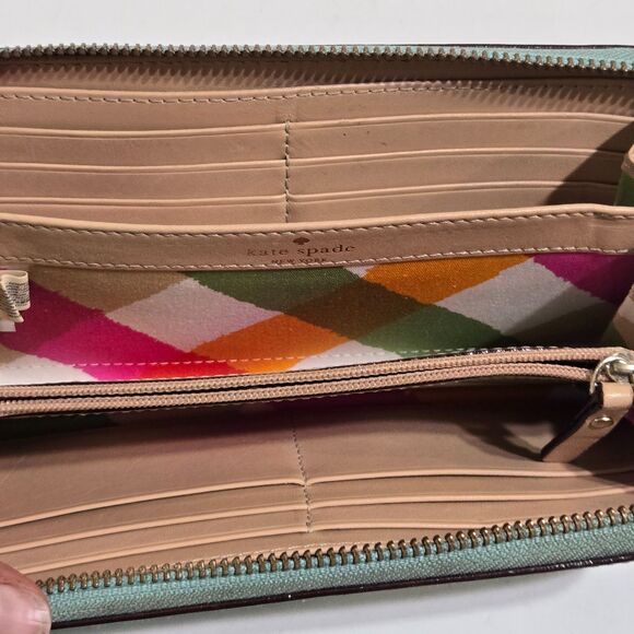 Kate Spade Spencer Zip Around Wallet Turquoise Robins egg Blue Cow Leather Gold - Picture 7 of 12